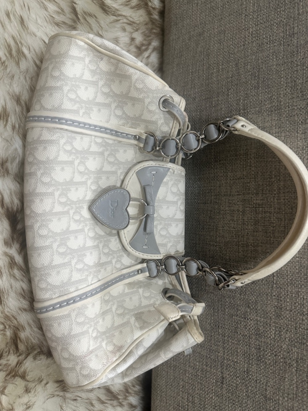 Dior Ivory and Light Gray Logo-Print Shoulder Bag